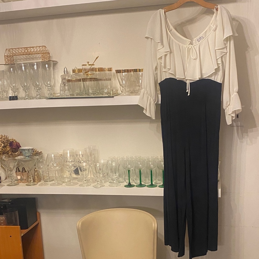 Two-Tone Cream and Black Ruffle-Detail Jumpsuit